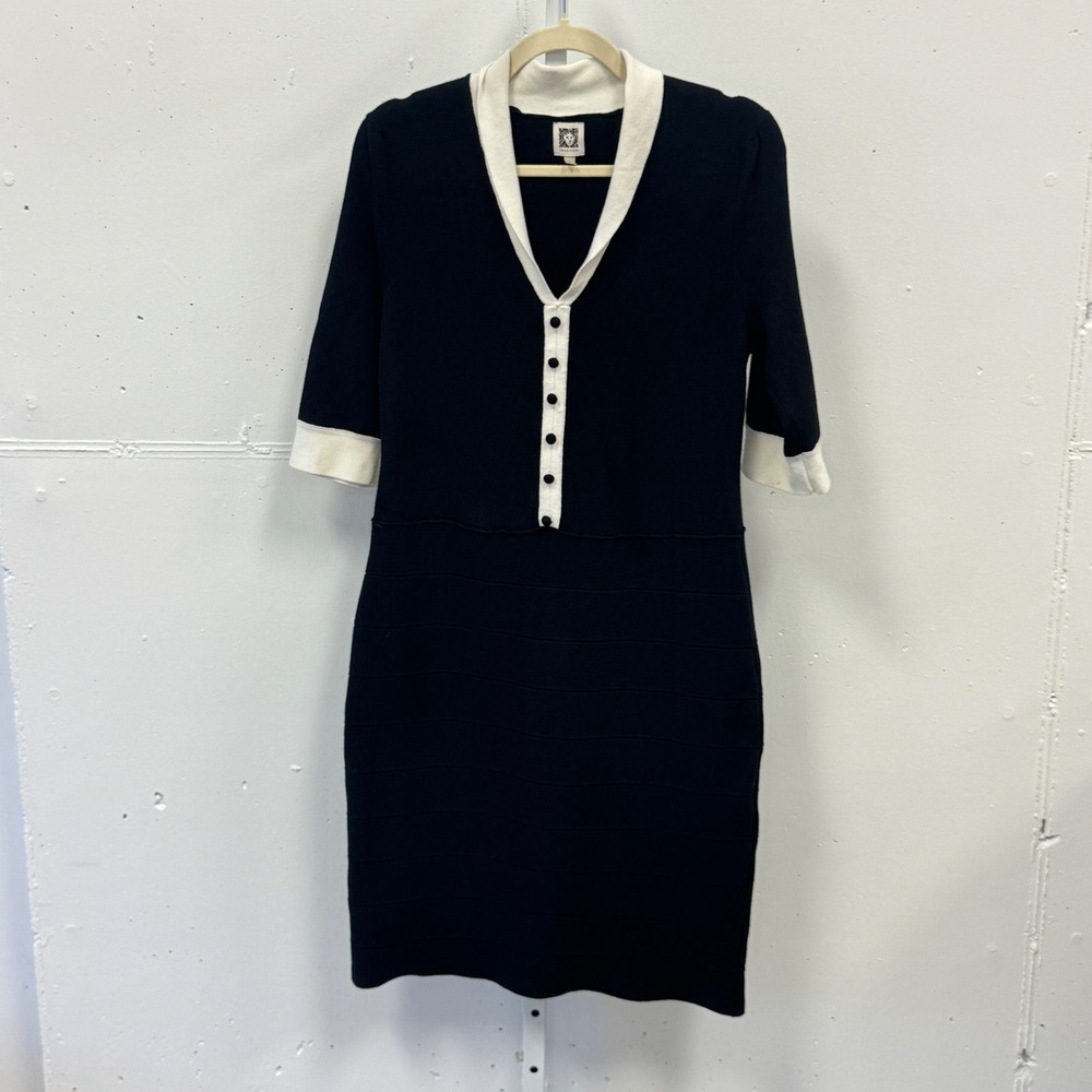 Anne Klein V-Neck Button Front Knit Sheath Sweater Dress Bandage Skirt Medium